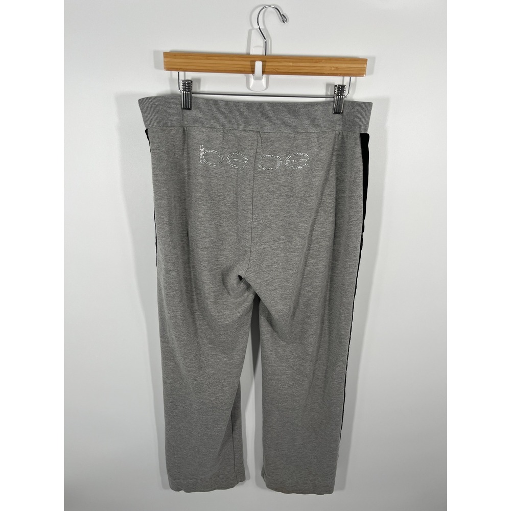Y2K Bebe Spellout Women Sweatpants L Grey Straight Leg Bedazzled 2000s Soft Girl